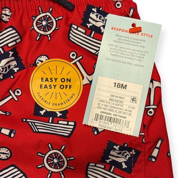 NEW Cat & Jack 18M Baby Boys Infant 4th of July Pirate Dinosaur Swim Shorts Red - Picture 2 of 5